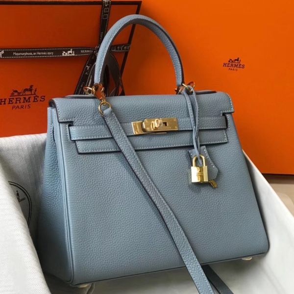HERM Kelly 25cm Retourne Bag In Blue Lin Clemence Leather
