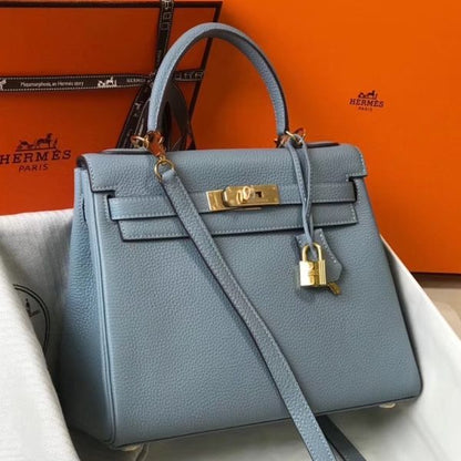 HERM Kelly 25cm Retourne Bag In Blue Lin Clemence Leather