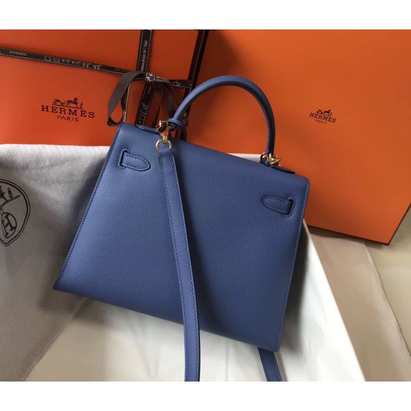 HERM Kelly 25cm Sellier Bag In Agate Blue Epsom Leather