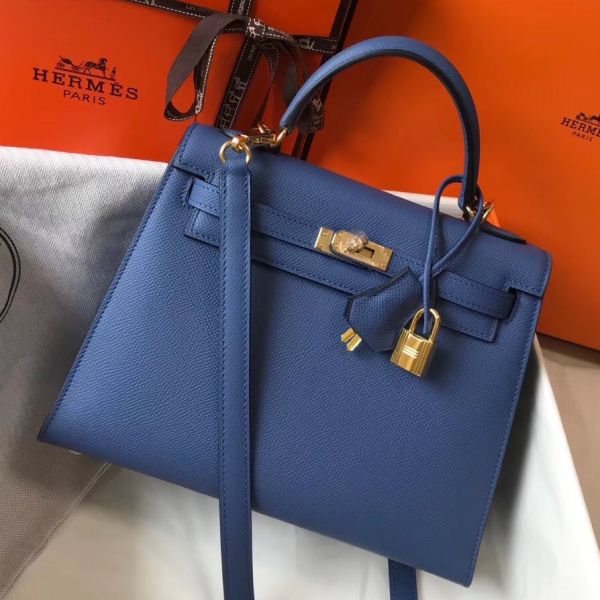 HERM Kelly 25cm Sellier Bag In Agate Blue Epsom Leather