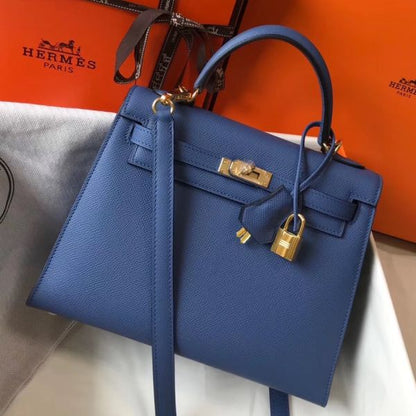 HERM Kelly 25cm Sellier Bag In Agate Blue Epsom Leather