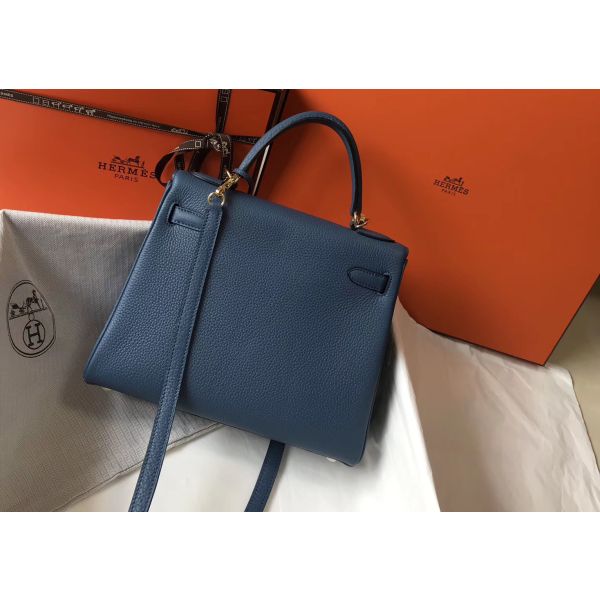 HERM Kelly 28cm Bag In Blue Agate Clemence Leather GHW