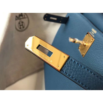 HERM Kelly 28cm Bag In Blue Agate Clemence Leather GHW