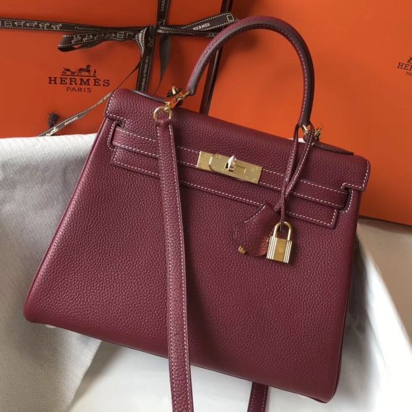 HERM Kelly 28cm Bag In Bordeaxu Clemence Leather GHW