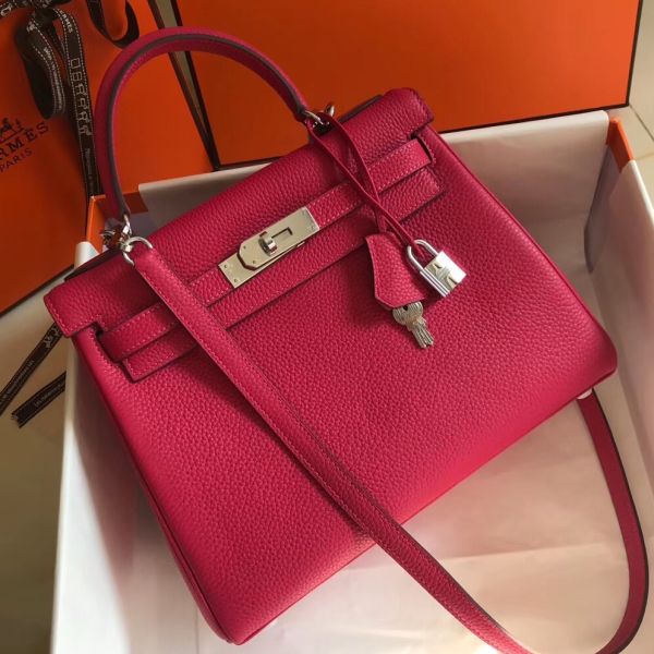 HERM Kelly 28cm Bag In Rose Red Clemence Leather PHW