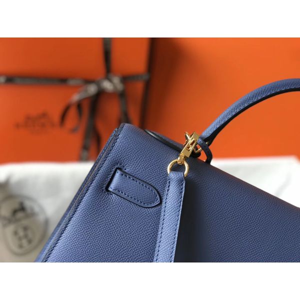HERM Kelly 28cm Bag In Blue Agate Epsom Leather GHW