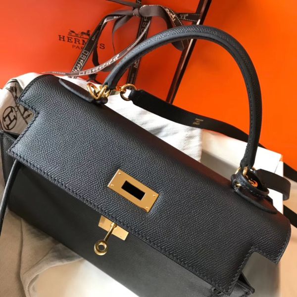 HERM Kelly 28cm Bag In Black Epsom Leather GHW