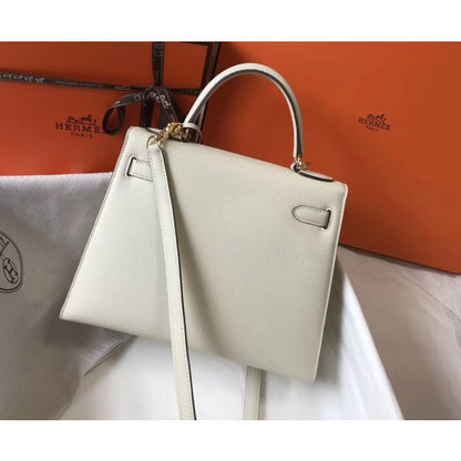 HERM Kelly 28cm Bag In White Epsom Leather GHW