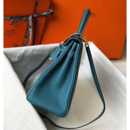 HERM Kelly 32cm Bag In Blue Jean Clemence Leather GHW