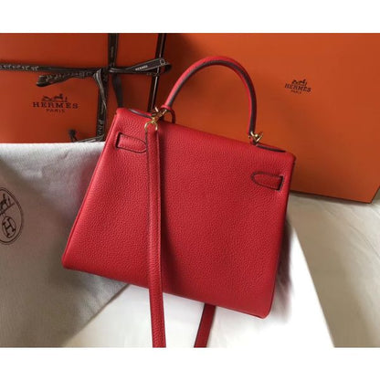 HERM Kelly 32cm Bag In Red Clemence Leather GHW