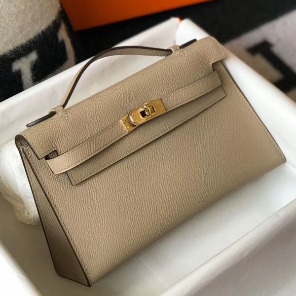 HERM Kelly Pochette Bag In Gris Tourterelle Epsom Leather