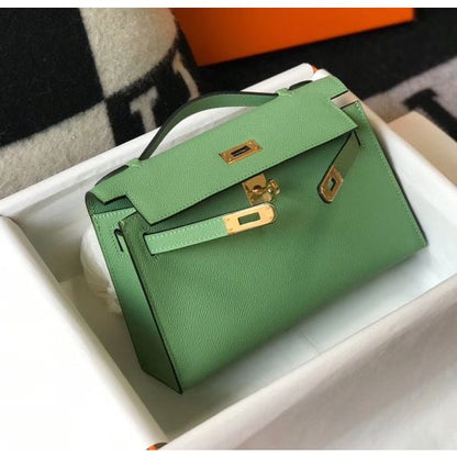 HERM Kelly Pochette Bag In Vert Criquet Epsom Leather