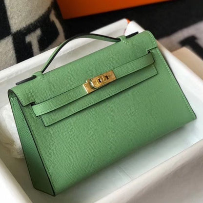 HERM Kelly Pochette Bag In Vert Criquet Epsom Leather