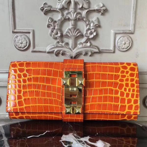 HERM Medor Clutch Bag In Orange Crocodile Leather