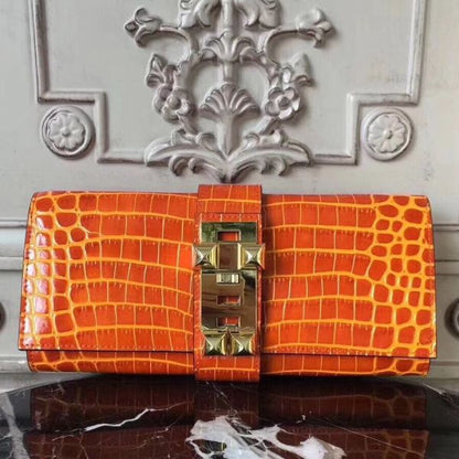 HERM Medor Clutch Bag In Orange Crocodile Leather