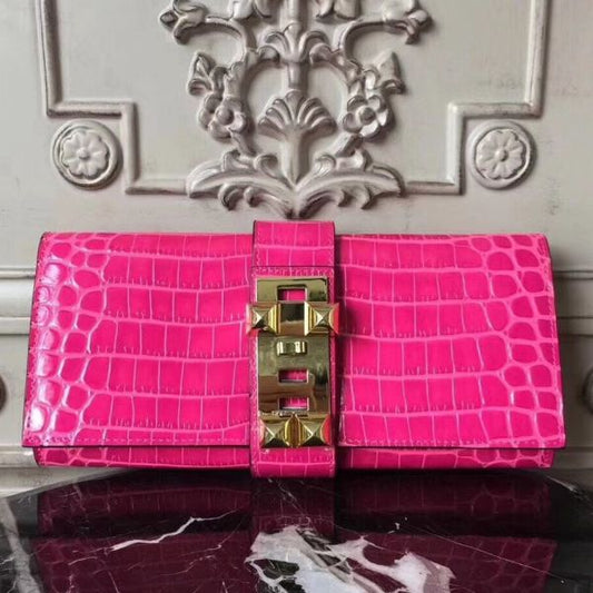 HERM Medor Clutch Bag In Rose Red Crocodile Leather