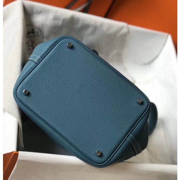 HERM Picotin Lock 18 Bag In Blue Jean Clemence Leather