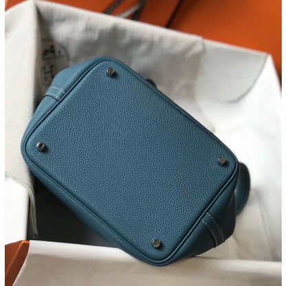 HERM Picotin Lock 18 Bag In Blue Jean Clemence Leather