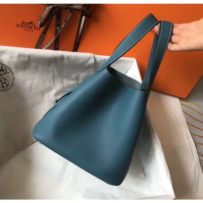 HERM Picotin Lock 18 Bag In Blue Jean Clemence Leather