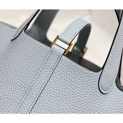 HERM Picotin Lock 22 Bag In Blue Brume Clemence Leather