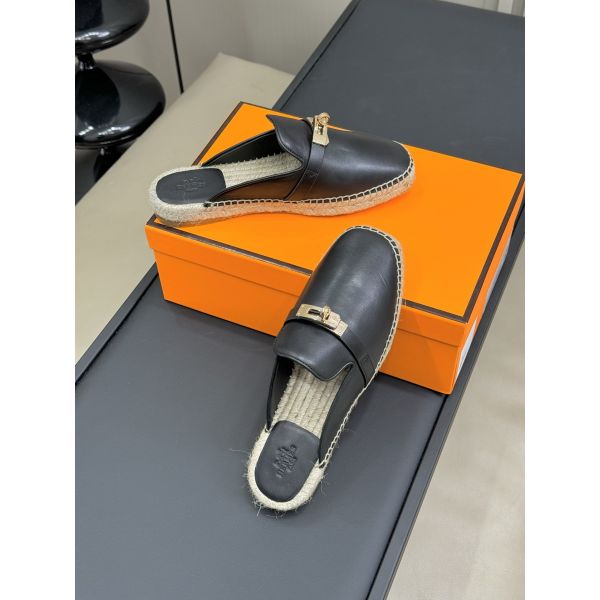HERM Feria Espadrille Mules in Black Leather