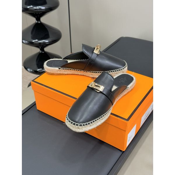 HERM Feria Espadrille Mules in Black Leather
