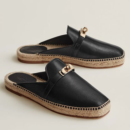 HERM Feria Espadrille Mules in Black Leather