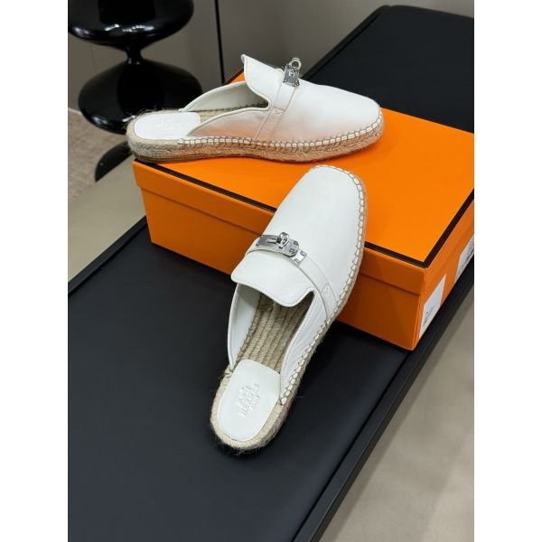 HERM Feria Espadrille Mules in White Leather