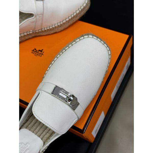 HERM Feria Espadrille Mules in White Leather
