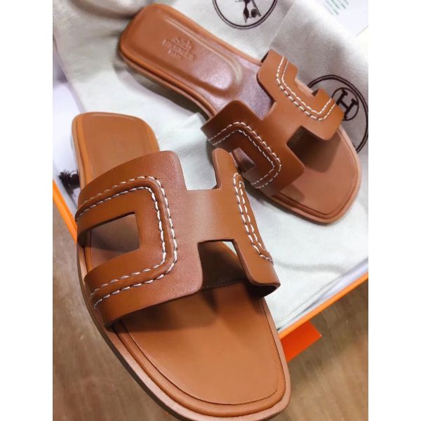 HERM Oran Sandals In Brown Leather With Stitched Detail