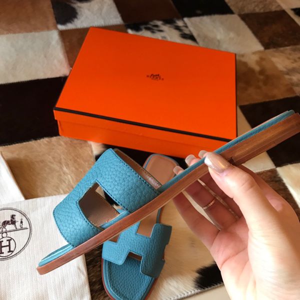 HERM Oran Slide Sandals In Blue Jean Clemence Leather