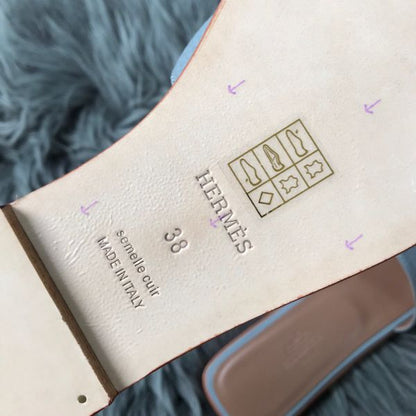 HERM Oran Slide Sandals In Blue Lin Clemence Leather