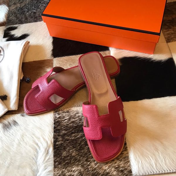 HERM Oran Slide Sandals In Red Clemence Leather