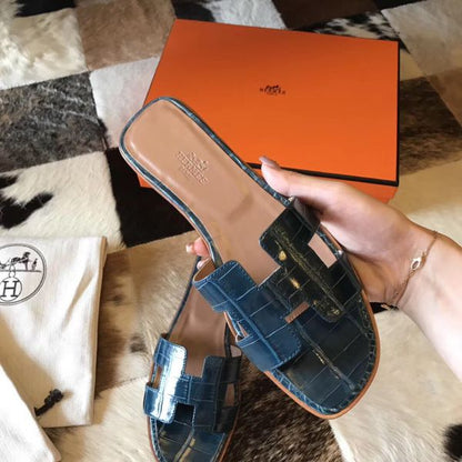 HERM Oran Sandals In Blue Shiny Niloticus Crocodile