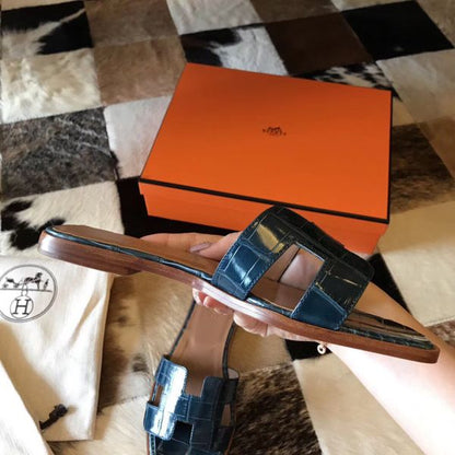 HERM Oran Sandals In Blue Shiny Niloticus Crocodile