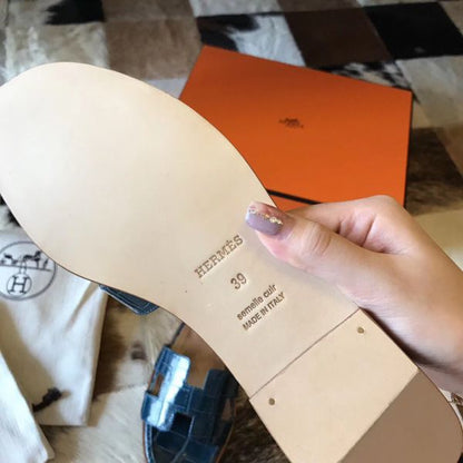 HERM Oran Sandals In Blue Shiny Niloticus Crocodile