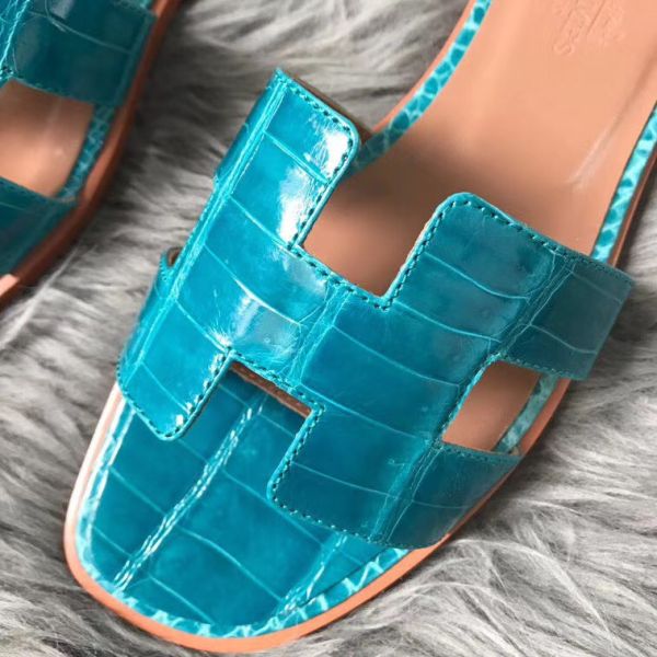 HERM Oran Sandals In Blue Paon Shiny Niloticus Crocodile
