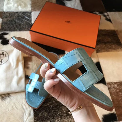 HERM Oran Sandals In Celeste Shiny Niloticus Crocodile