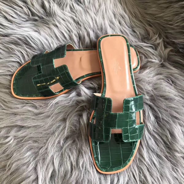 HERM Oran Sandals In Green Shiny Niloticus Crocodile