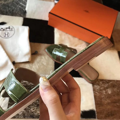 HERM Oran Sandals In Olive Shiny Niloticus Crocodile