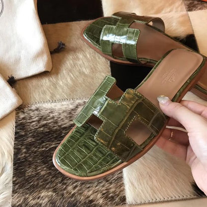 HERM Oran Sandals In Olive Shiny Niloticus Crocodile