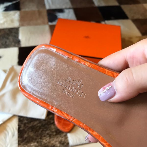 HERM Oran Slide Sandals In Orange Shiny Niloticus Crocodile Skin