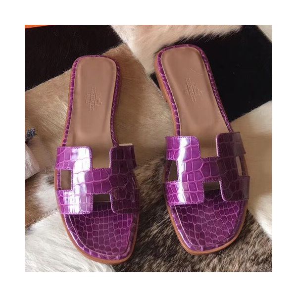 HERM Oran Sandals In Purple Shiny Niloticus Crocodile