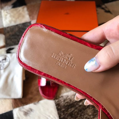 HERM Oran Slide Sandals In Red Shiny Niloticus Crocodile Skin