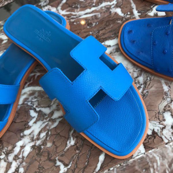 HERM Oran Slide Sandals In Blue Hydra Epsom Calfskin