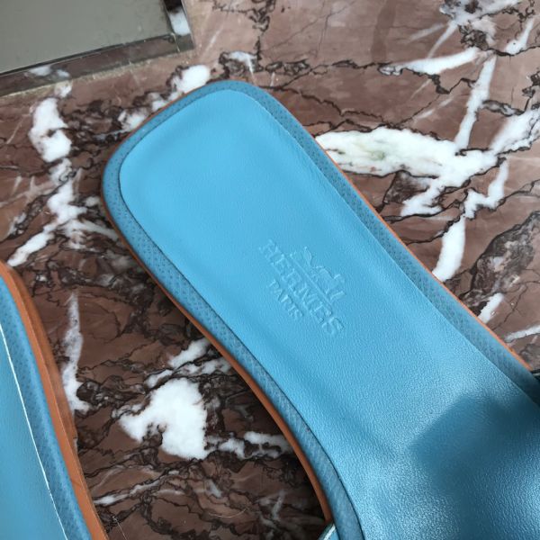 HERM Oran Slide Sandals In Blue du Nord Epsom Calfskin