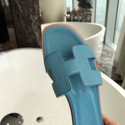 HERM Oran Slide Sandals In Blue du Nord Epsom Calfskin