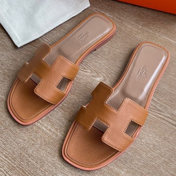 HERM Oran Slide Sandals In Gold Epsom Calfskin