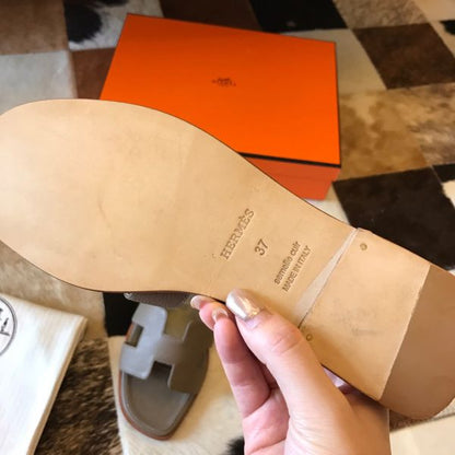 HERM Oran Slide Sandals In Taupe Epsom Calfskin