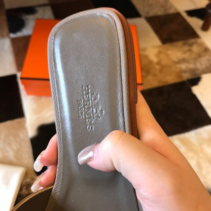 HERM Oran Slide Sandals In Taupe Epsom Calfskin